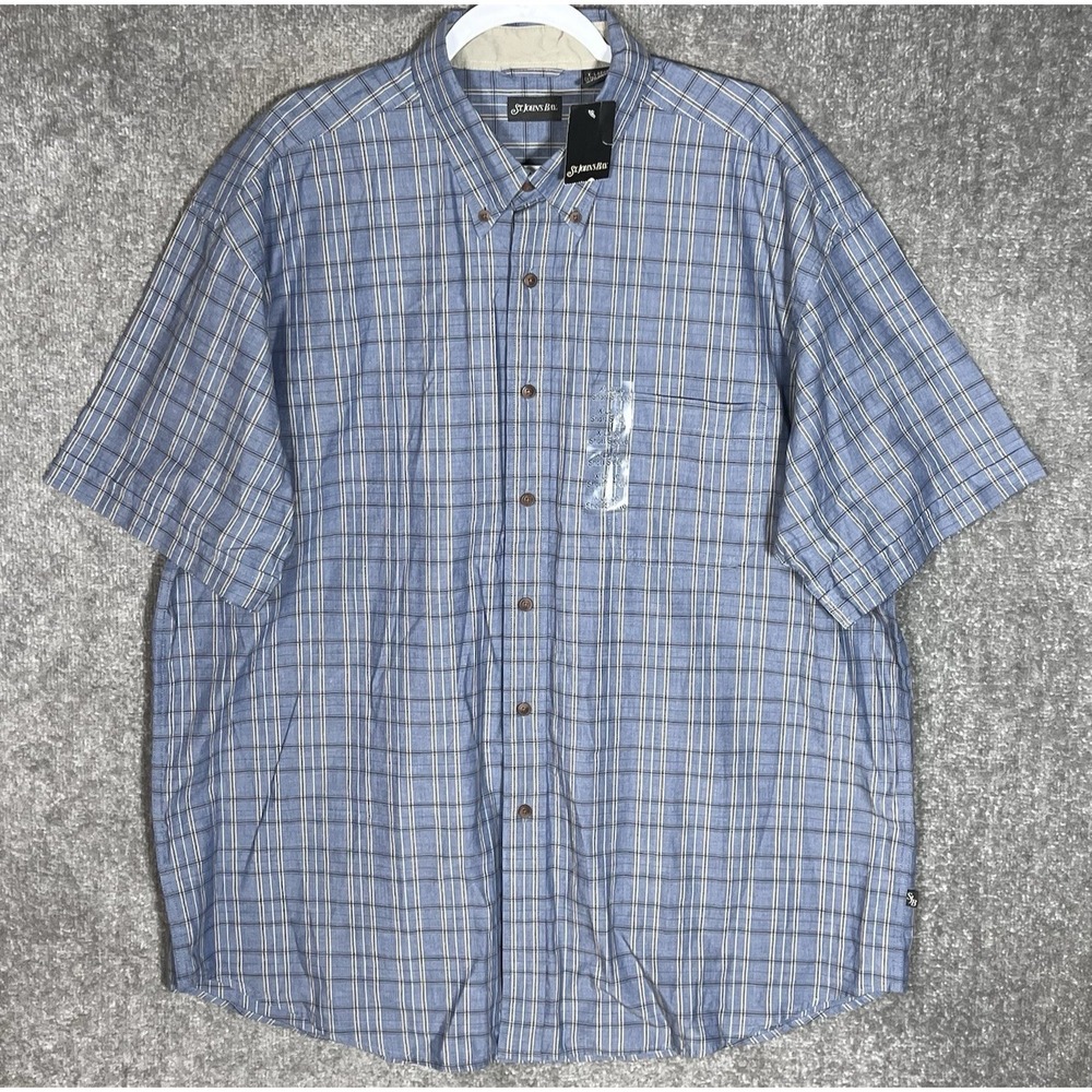 St Johns Bay Button‎ Down Shirt Mens Size XL Blue Plaid Short Sleeve Pocket New